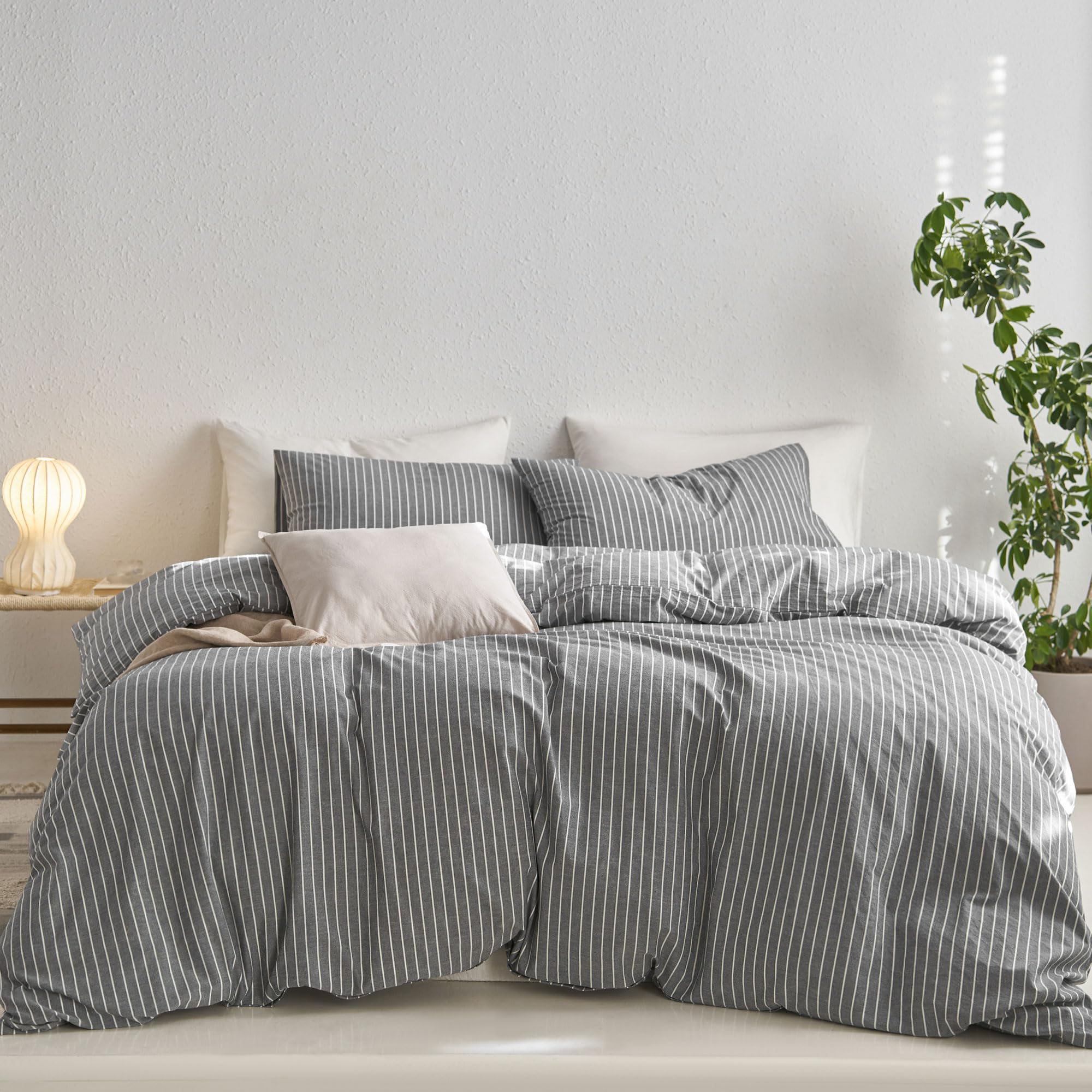 Moomee Bedding Duvet Cover Set Striped 100% Washed Cotton Linen Like Textured Breathable Durable Soft Comfy (Dark Grey White Wid